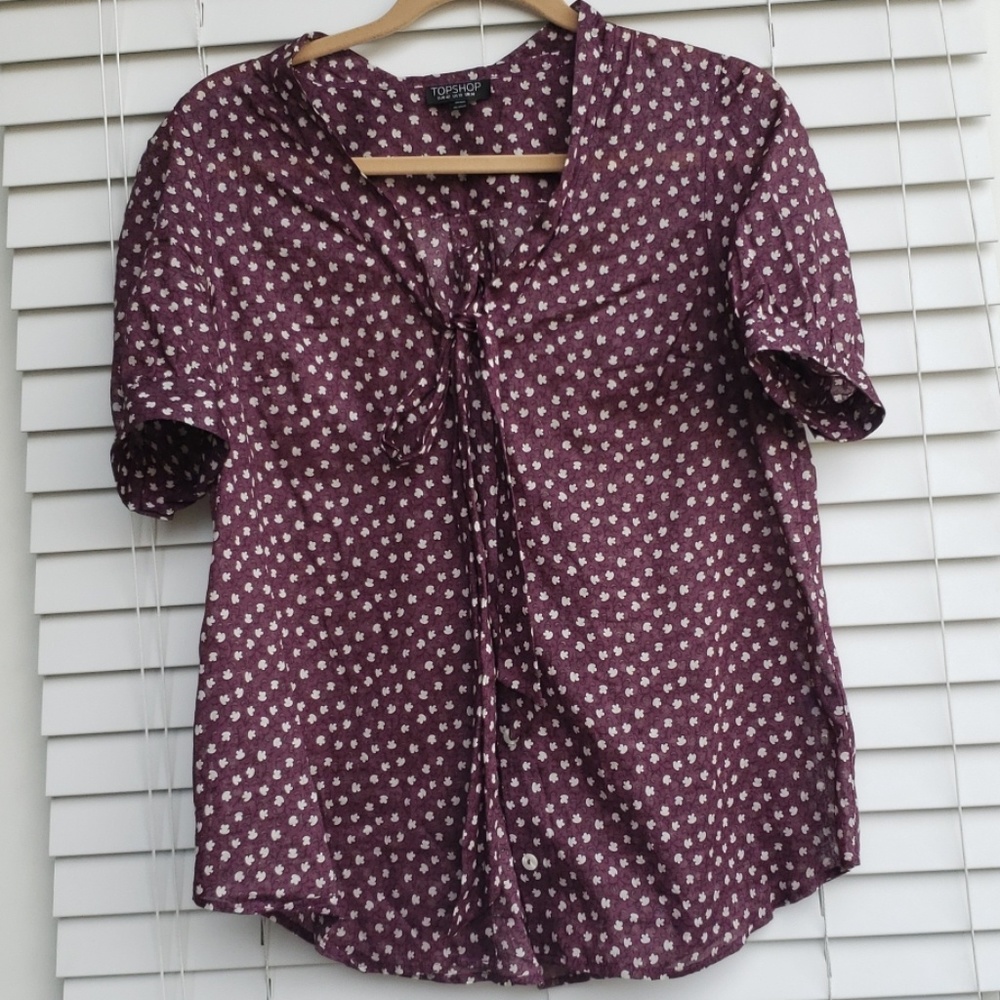 Topshop tie collar/pussybow maroon blouse, size 10